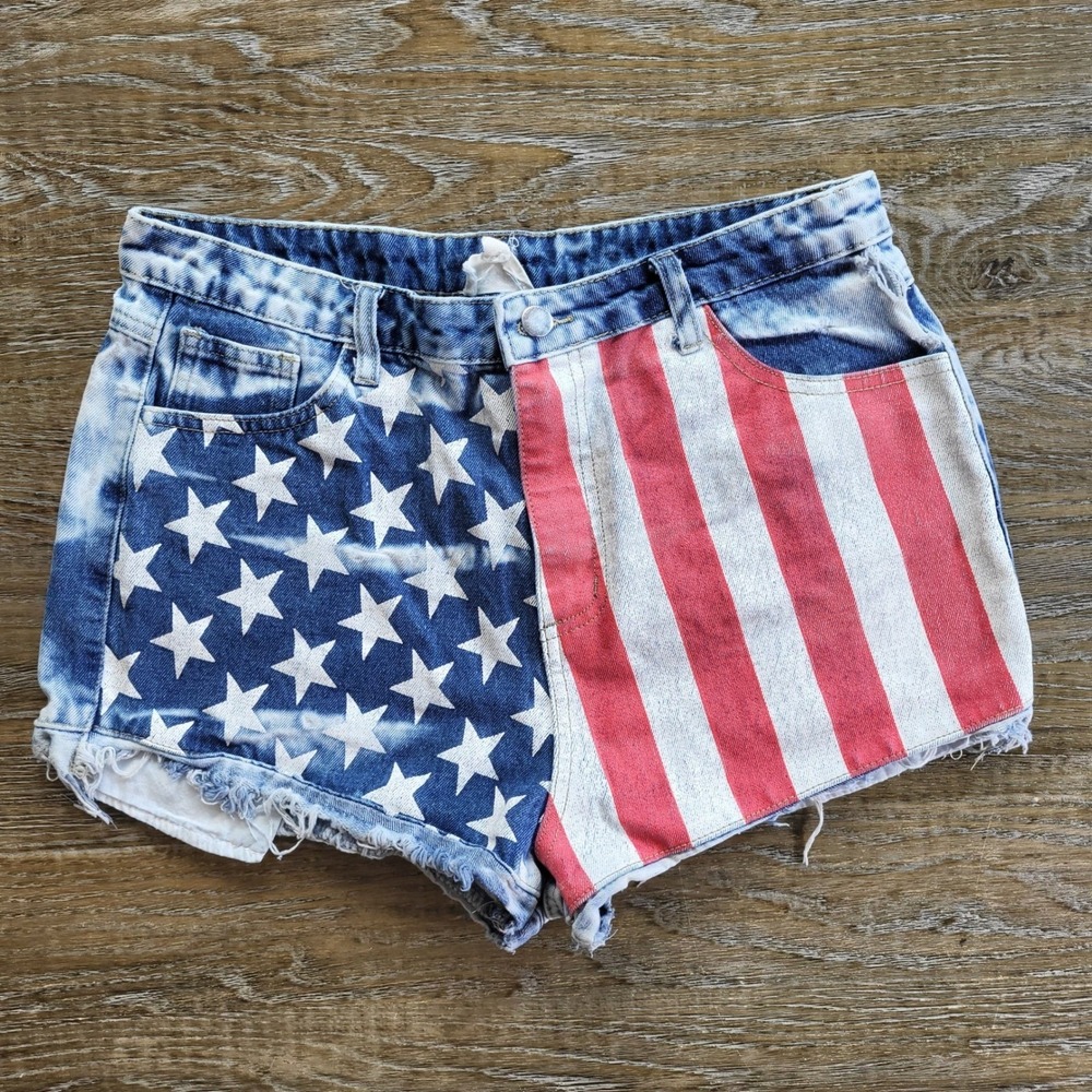 BIBI American Flag Denim Shorts Stars Stripes High Rise Cut Off Womens Large